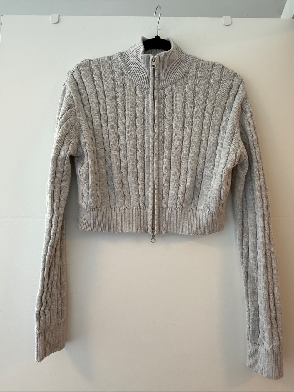 Garage Cable Knit Cropped Zip Cardigan Sweater | Heather Grey | Small